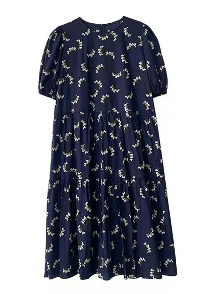 100 % blaues Baumwollkleid mit Print, taillierte A-Linie, Sommerkleider