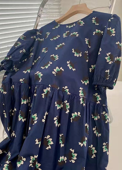 100 % blaues Baumwollkleid mit Print, taillierte A-Linie, Sommerkleider