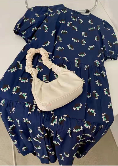 100 % blaues Baumwollkleid mit Print, taillierte A-Linie, Sommerkleider