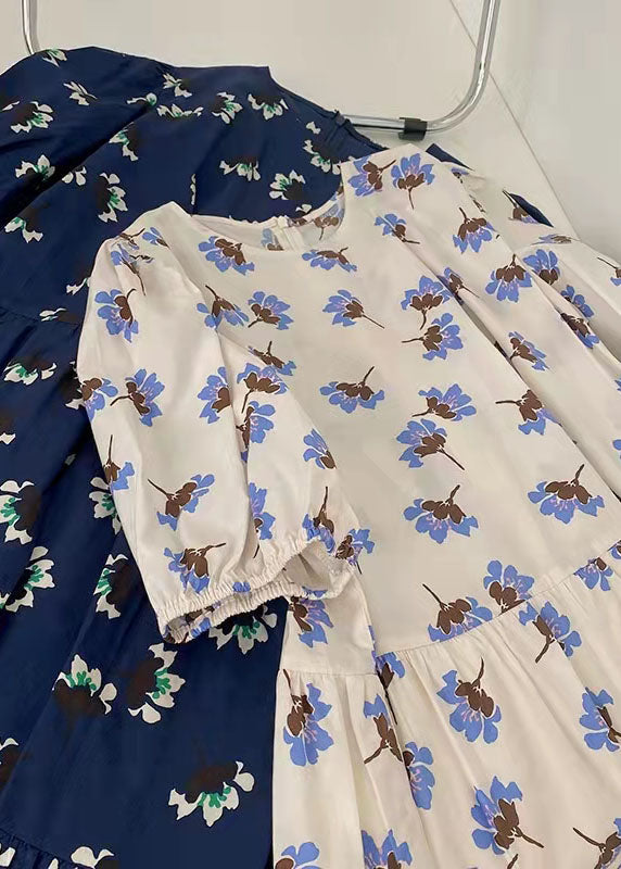 100 % blaues Baumwollkleid mit Print, taillierte A-Linie, Sommerkleider
