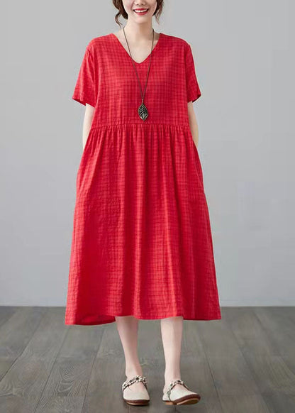 100% o hals kurzarm baumwolle leinen kleidung Für Frauen Catwalk burgund plaid Kleid