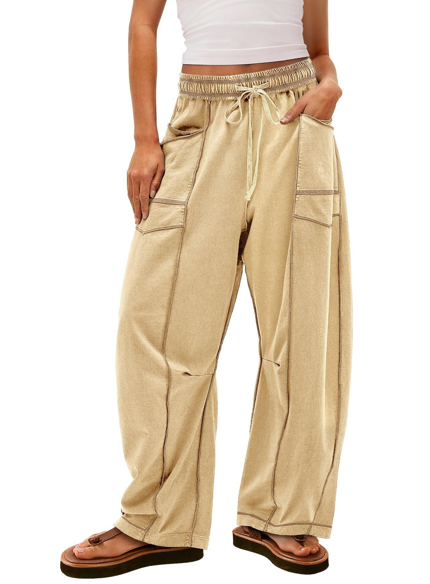 Womens Baggy Barrel Pants Wide Leg Lounge Drawstring Sweatpants with Pockets