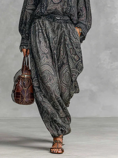 Vintage Paisley Print Long Sleeve Shirt Trousers Two-piece Set