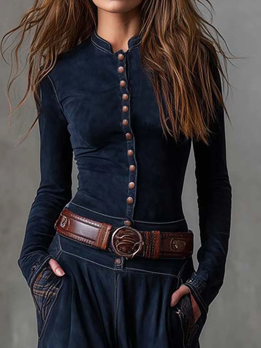 Navy Plaid Paneled Vintage Suede Maxi Dress