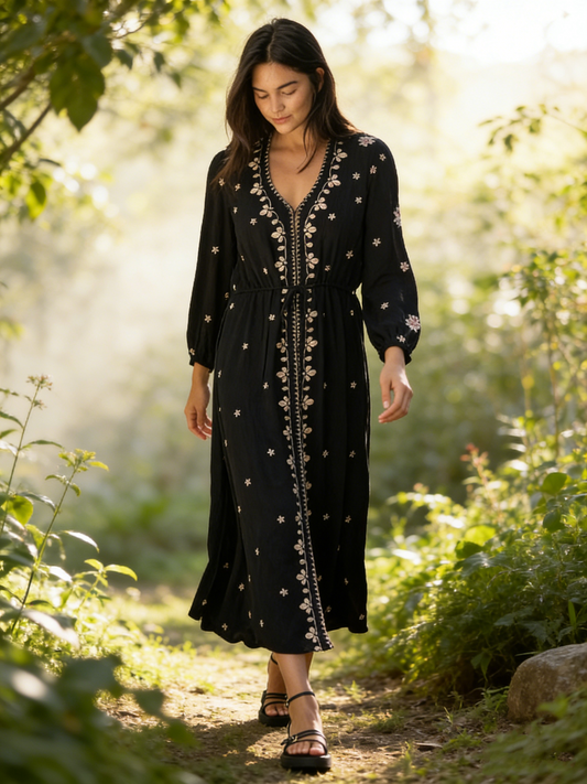 Brae Embroidered Midi Dress - Black