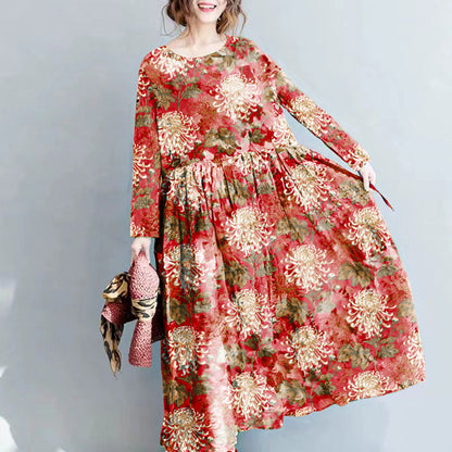 2024 Mode Blumen lange Leinenkleider Plus Size Kleidung Maxikleider