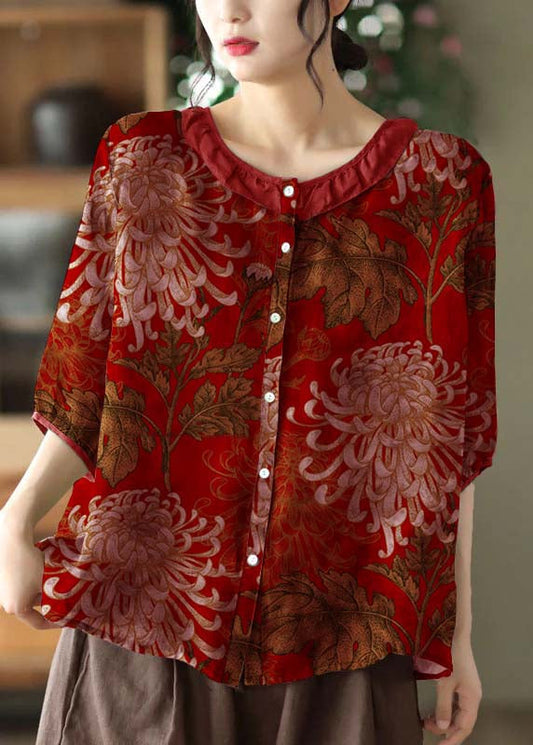 Einfaches rotes O-Ausschnitt-Patchwork-Print-Leinenhemd-Oberteile mit halben