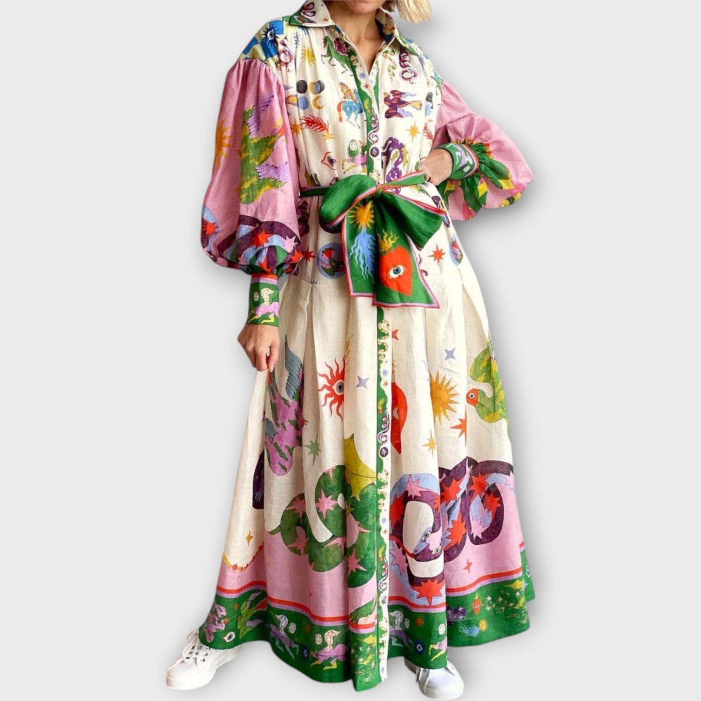 Maxi Dress with Belt & Puff Sleeves
