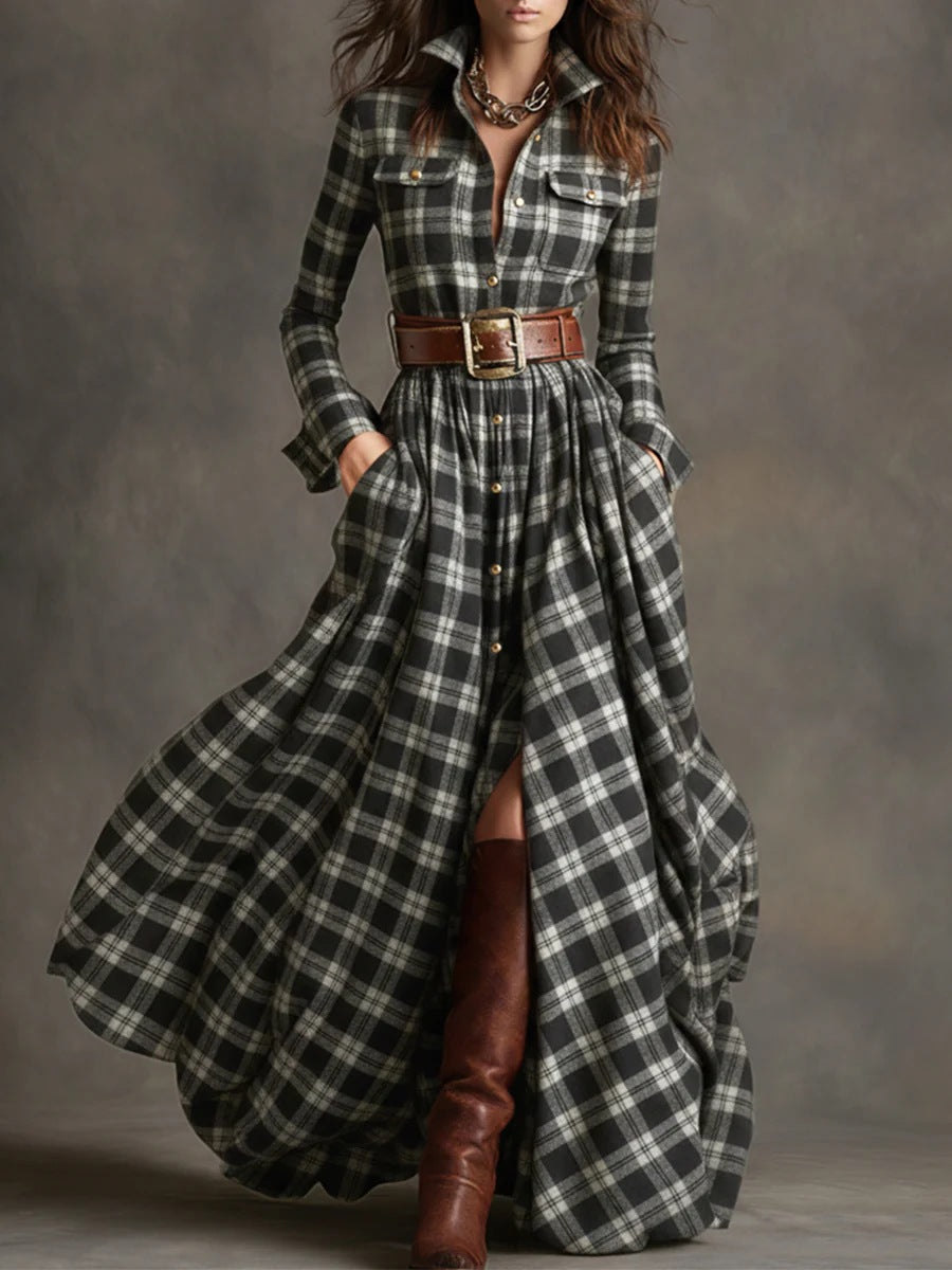 Retro Ethnic Style Lapel Reddish Brown Plaid Maxi Dress