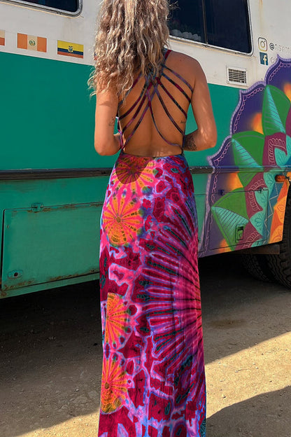 Tie-Dye Lace-Up Stretch Maxi Dress