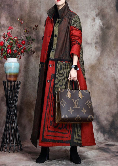 Boutique Grüner Druck Taschen Dicker Baumwoll-Wintermantel mit langen Ärmeln