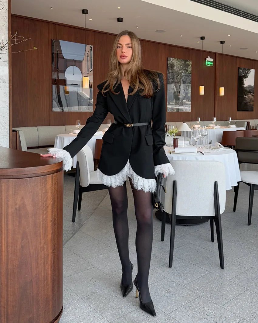 Black and White Lace Contrast-Color Waist-Defining Blazer-Style Skirt