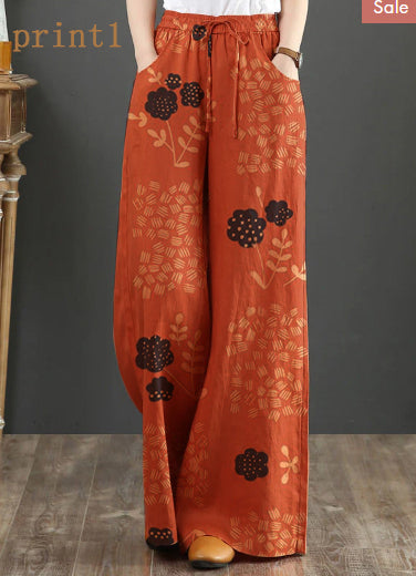 Pantalones rectos de lino con cintura elástica y estampado naranja de verano con cordón ajustable de color liso
