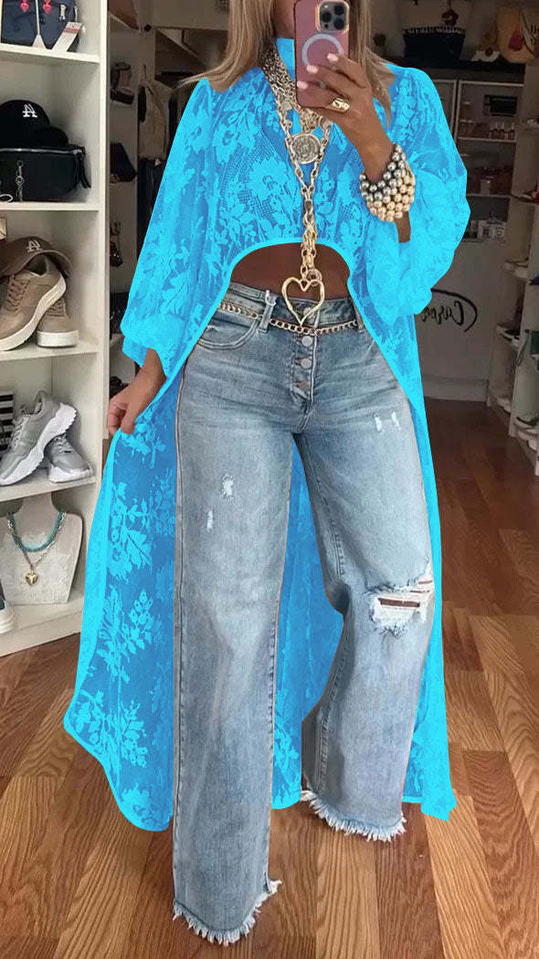 Lace Pattern Mock Neck Balloon Sleeve High Low Maxi Top