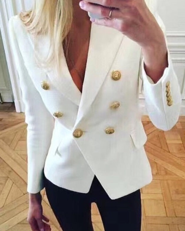 Commuter Cream Double-Breasted Gold-Buttoned Waist-Defining Blazer