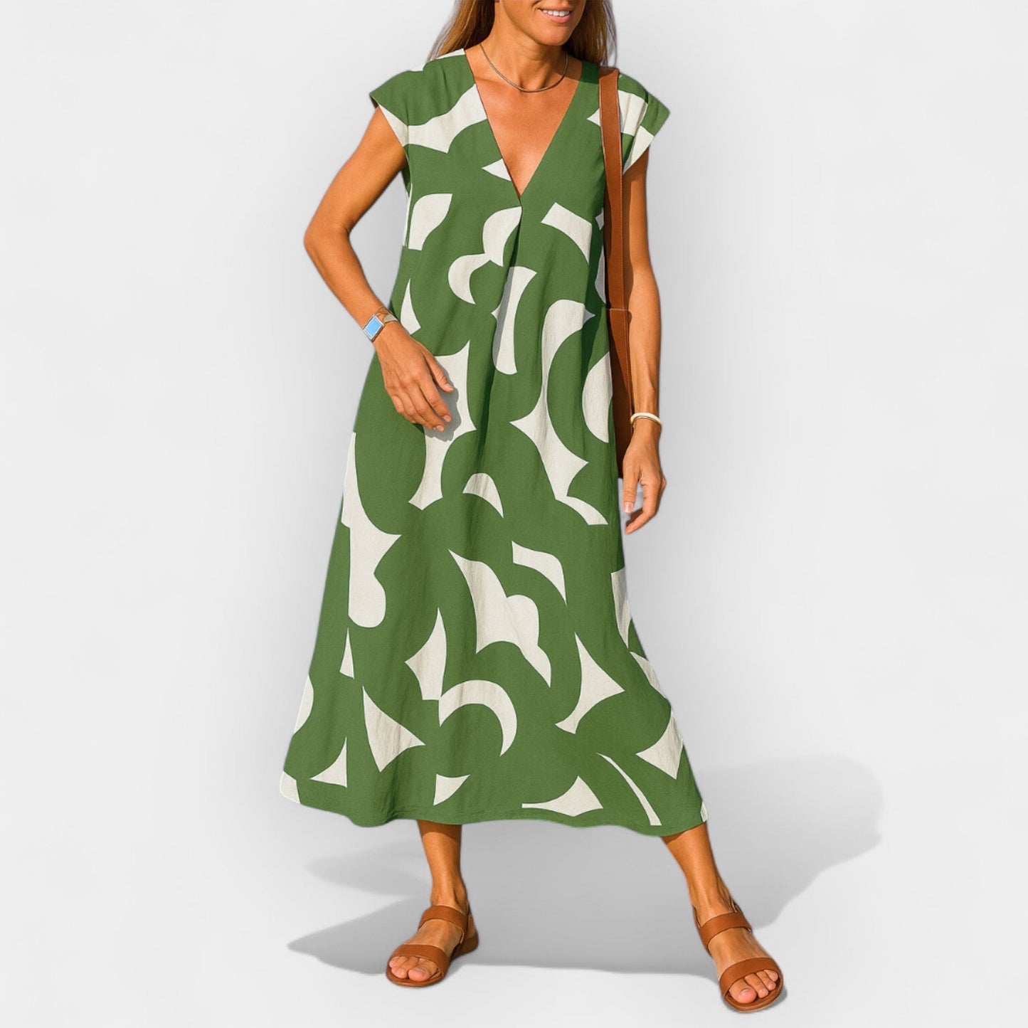 Airy Dress with V Neckline and Modern Design