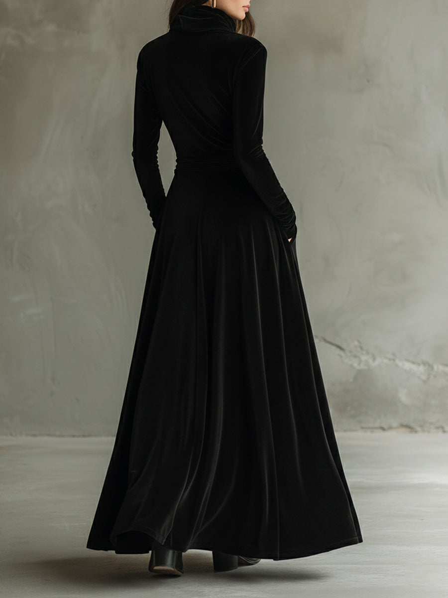 Pile Collar Polyester Velvet Embroidered A Line Maxi Dress