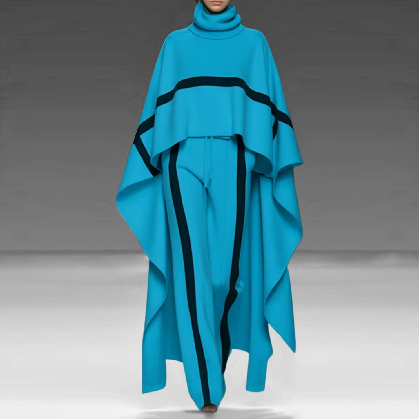 Women's Fashion Striped Turtleneck Asymmetrical Cape & Drawstring Pants 2Pcs Set