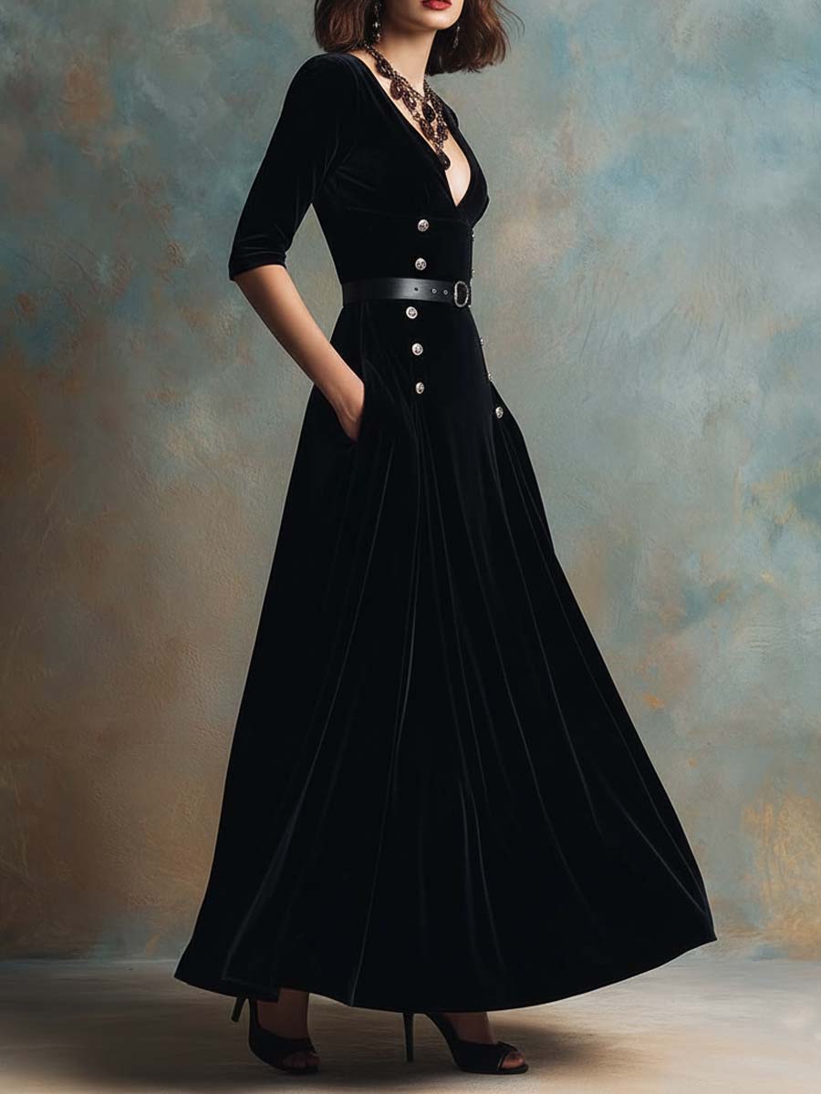 Black Velvet Maxi Dress With Belt And Double-Breasted Detail