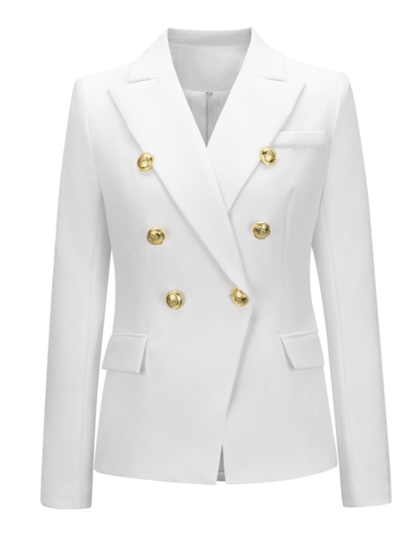 Commuter Cream Double-Breasted Gold-Buttoned Waist-Defining Blazer