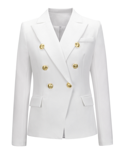 Commuter Cream Double-Breasted Gold-Buttoned Waist-Defining Blazer