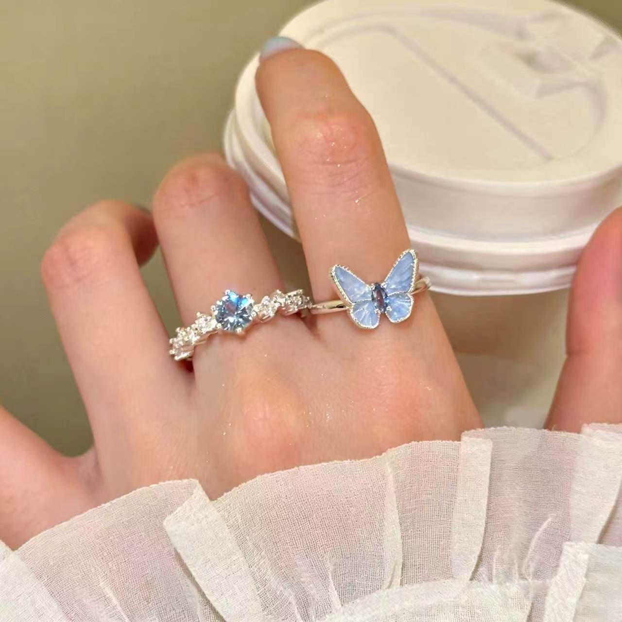 Cute Blue Copper Zircon Butterfly Rings Two-Piece Set