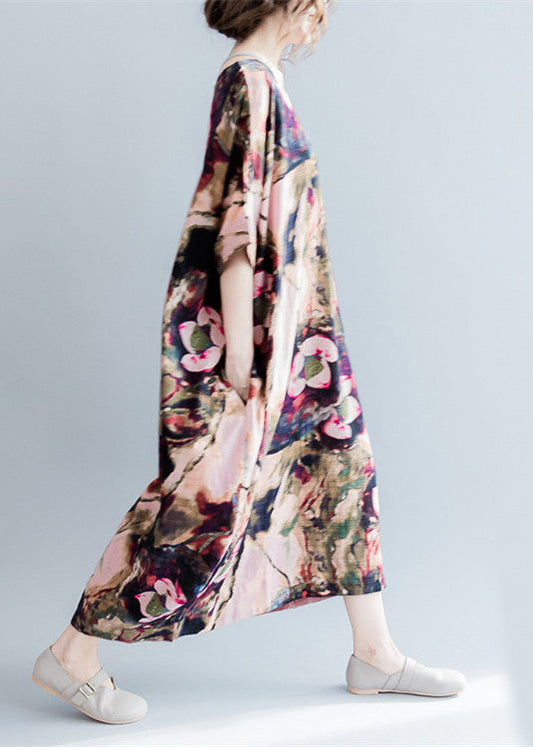 feine rosa bedruckte Leinenkleider lässiges O-Ausschnitt-Maxikleid aus Leinen feine kurzärmelige Leinenkaftane