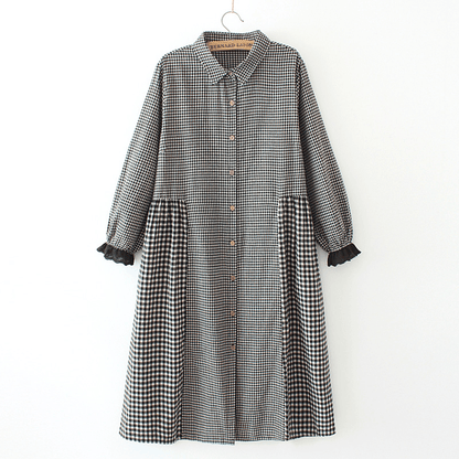 Oversize patchwork cotton Dresses Wardrobes Tunic Tops yellow plaid Dress - SooLinen