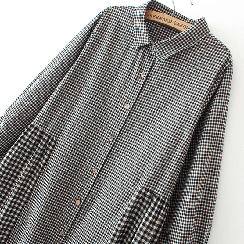 Oversize patchwork cotton Dresses Wardrobes Tunic Tops yellow plaid Dress - SooLinen