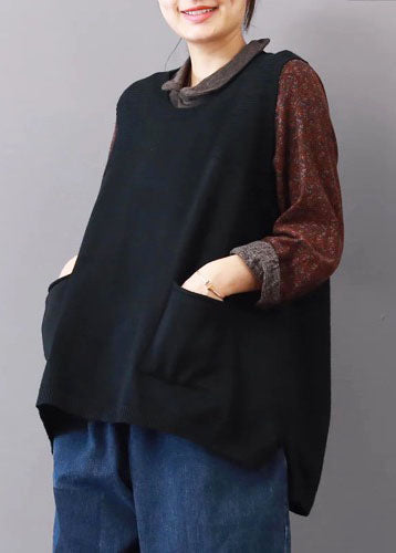 Boutique schwarze Pullover Plus Size Pullover mit großen Taschen 2018 ärmelloses Hemd