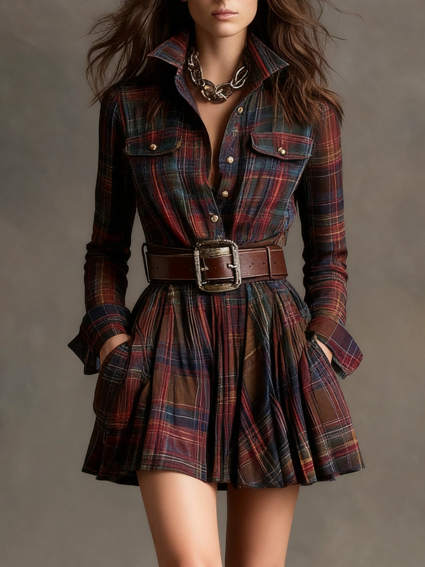 Vintage Lapel Red and Brown Plaid Mini Dress
