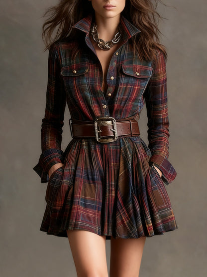 Vintage Lapel Red and Brown Plaid Mini Dress