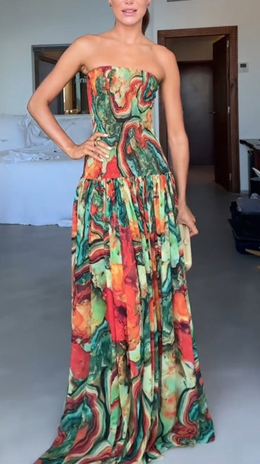 Strapless Patchwork Multi-Color Maxi Dress