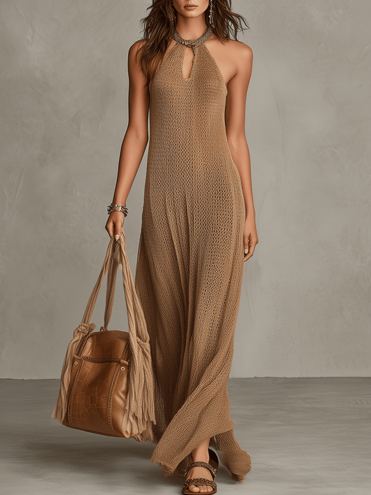 Boho Minimalist Ribbed Knit Halter Maxi Dress In Sand Beige