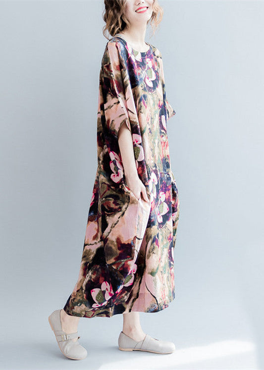 feine rosa bedruckte Leinenkleider lässiges O-Ausschnitt-Maxikleid aus Leinen feine kurzärmelige Leinenkaftane