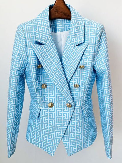 Double-breasted gold-buttoned fashion blazer with multiple herringbone patterns