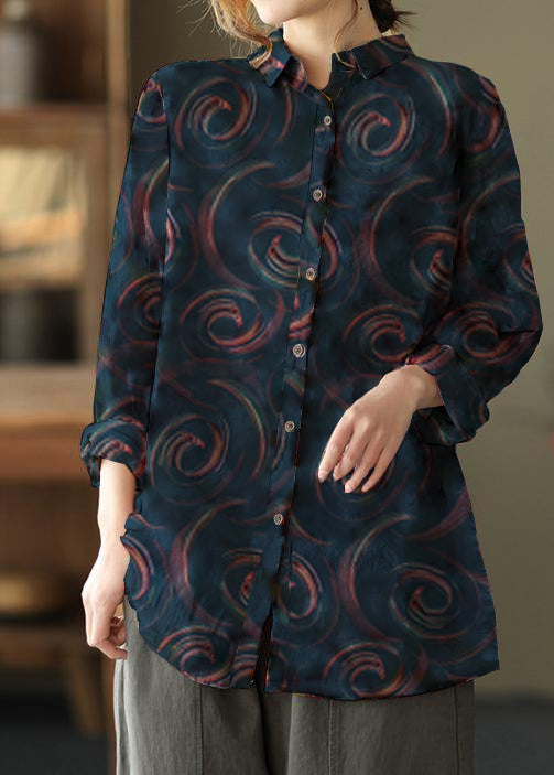 Einzigartige Revers Patchwork Frühling Tunika Muster Fotografie Rot Print Bluse