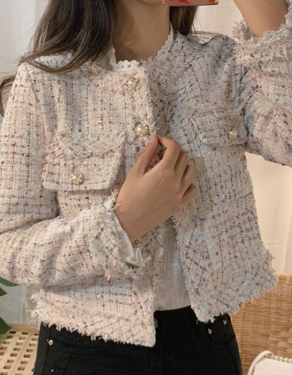 Chic Pearl-Buttoned Chanel-Style Short Jacket with Delicate Frayed Edges