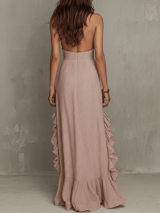 Quiet Romance Ruffle Bare Rose Halter Flow Maxi Dress