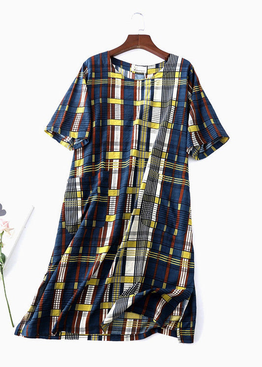 Damen O-Ausschnitt Tunikakleid Inspiration Blau Kariertes Maxikleid