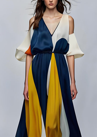 Stil Colorblock V-Ausschnitt Cold Shoulder Seide Maxikleider Sommer