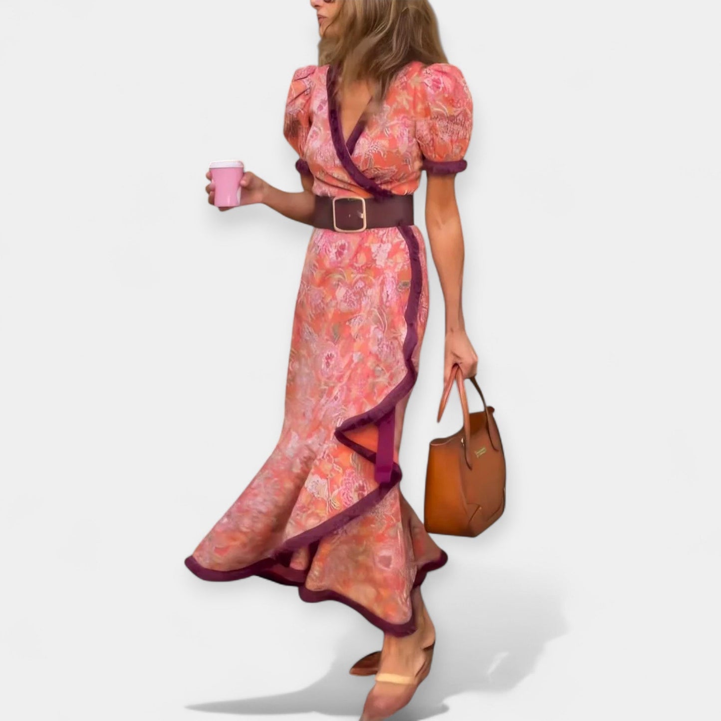Romantic Dress with Belt and Satin Ruffles