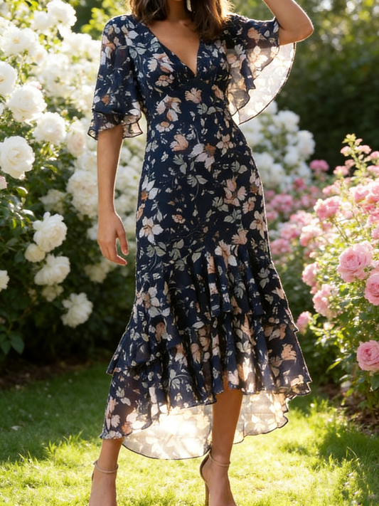 Ditsy Floral Elegant Chiffon Flare Sleeve Dress