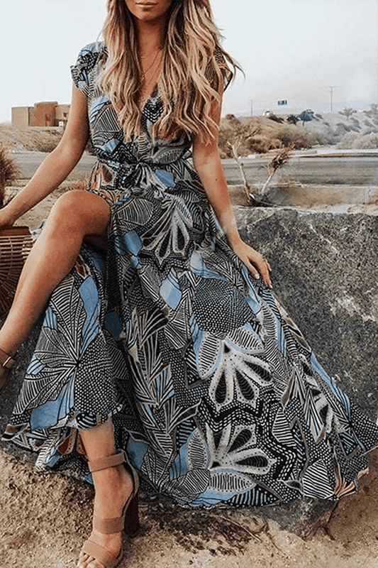 V-neck Short Sleeve Bohemian Maxi Dress - SooLinen