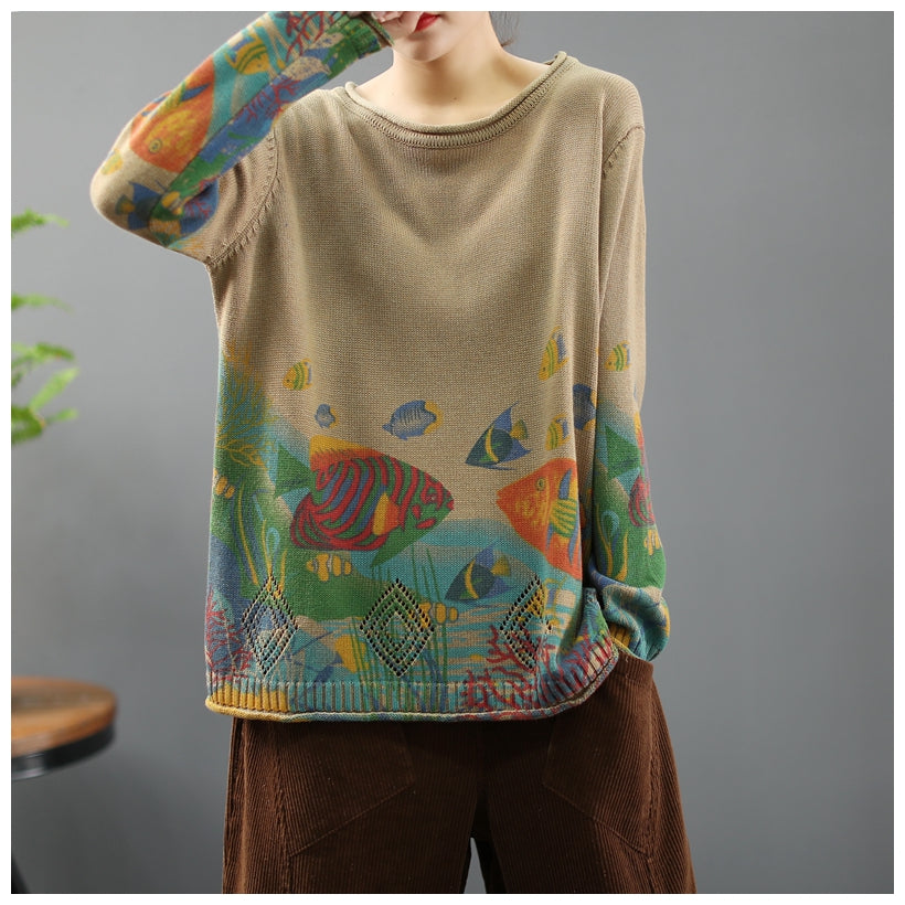 Frauen 2024 Vintage Prints Lose Pullover Casual Frühling Tops
