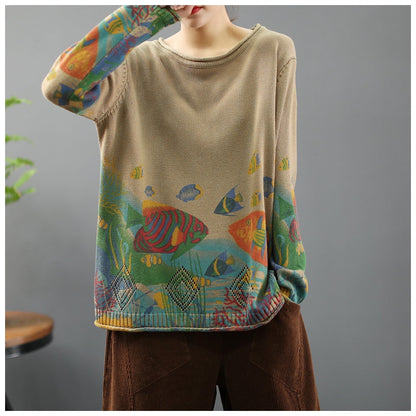 Frauen 2024 Vintage Prints Lose Pullover Casual Frühling Tops