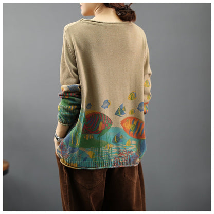 Frauen 2024 Vintage Prints Lose Pullover Casual Frühling Tops