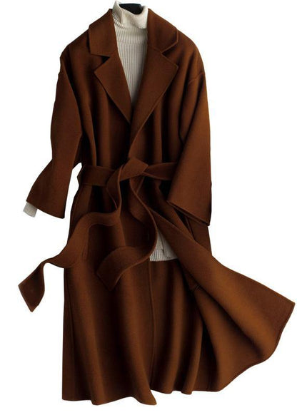 Luxury Oversize Trench Coat  Coat Brown Notched Tie Waist Woolen Coat Women - SooLinen