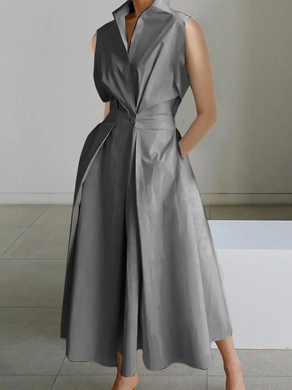 2024 Dunkelgrünes Baumwollkleid mit Peter-Pan-Kragen und Taschen, ärmellos