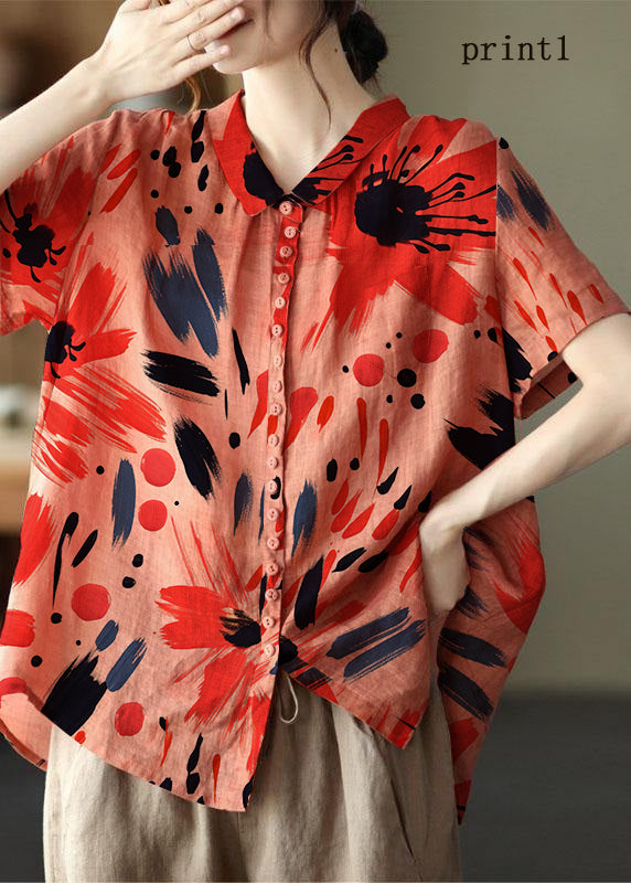 Plus Size Print2 Peter Pan Kragen Taschen Patchwork Ramie Cardigan